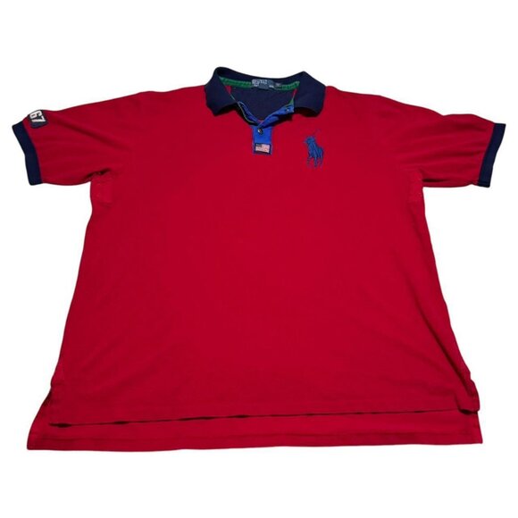 Ralph Lauren Red Navy Polo Zip Snap Shirt 2XL Tall Big Pony Cotton‎ Short Sleeve - Picture 1 of 6